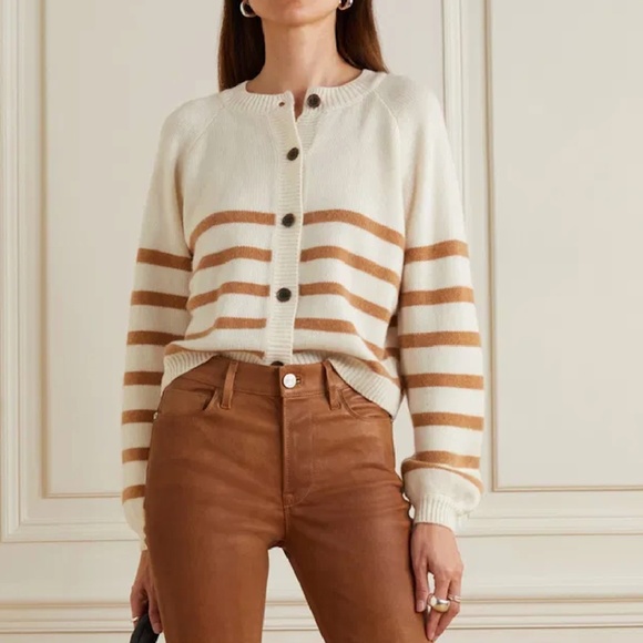 FRAME Breton Stripe Cardi – 100% Cashmere – Ivory/Tan – Size Small – NWT - Picture 1 of 9